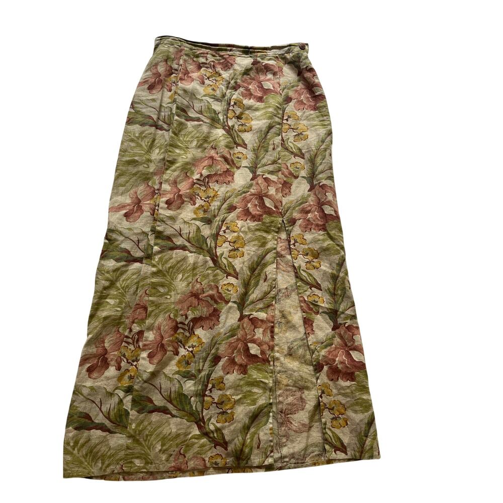 VTG 90s Gap Linen Floral Maxi Skirt Slit Earth Tone Cottagecore Boho Size 8 30"